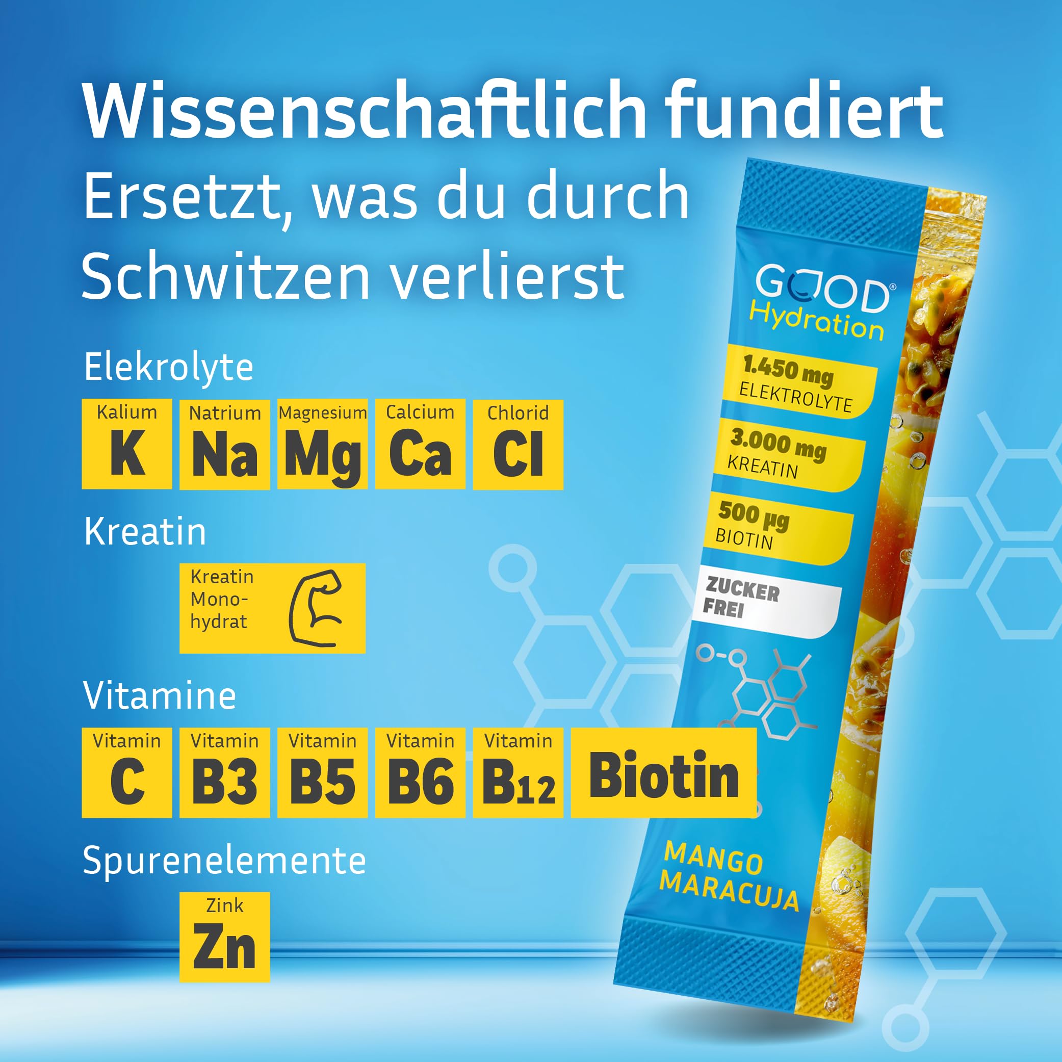 Rehydration PLUS KREATIN Mango Maracuja - Weltneuheit: 1450mg Elektrolyte plus Creatine Monohydrate - OHNE ZUCKER - mit Biotin und 6 Vitaminen – Elektrolytpulver für Sport - 20 Sticks