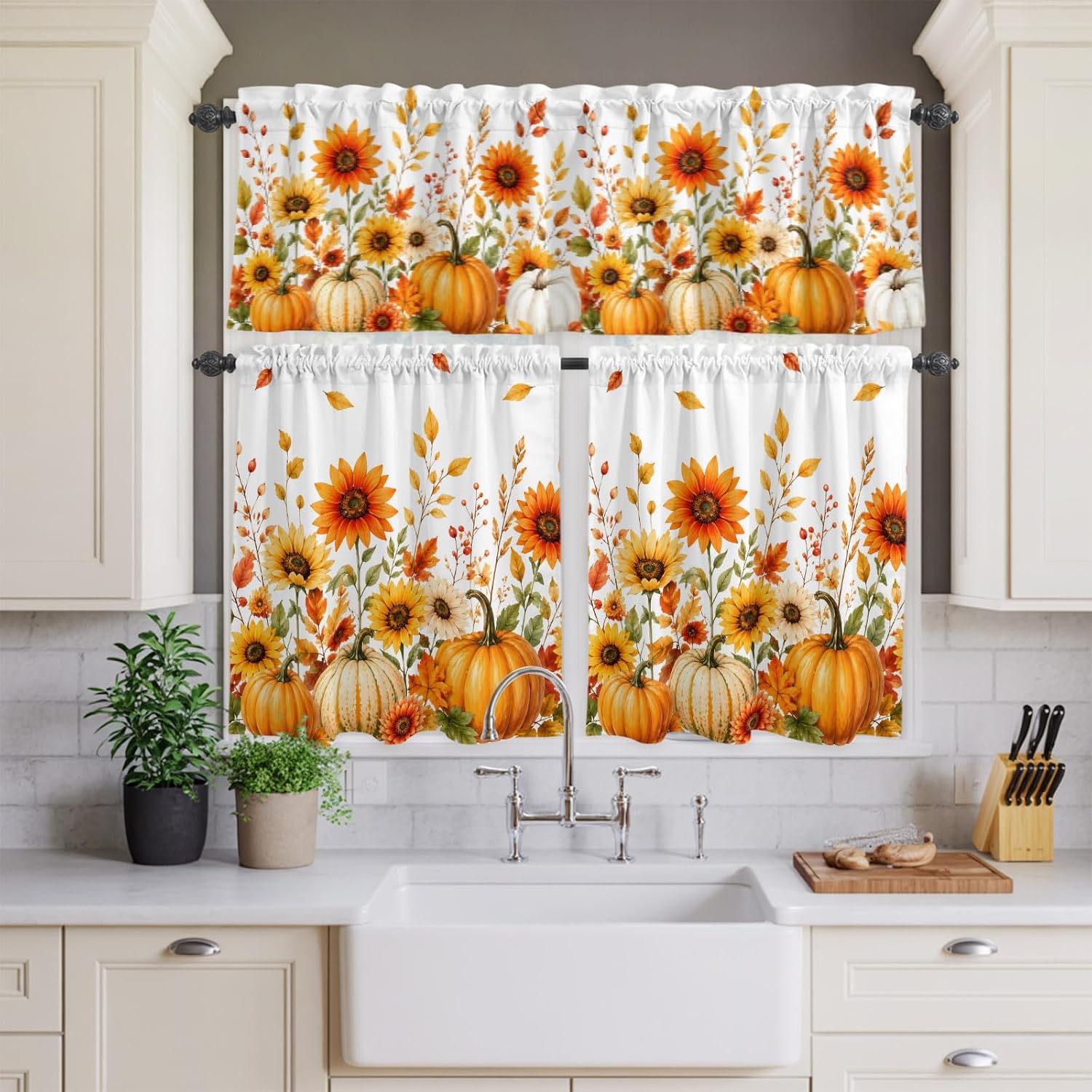 Orange Pumpkins Fall Kitchen Curtains Set Small Half Curtains 24 Inches Length, Thanksgiving Botanical Tiers Curtain and Valance Set, Sunflower Window Treatment Draperies for Cafe Bathroom Bedroom