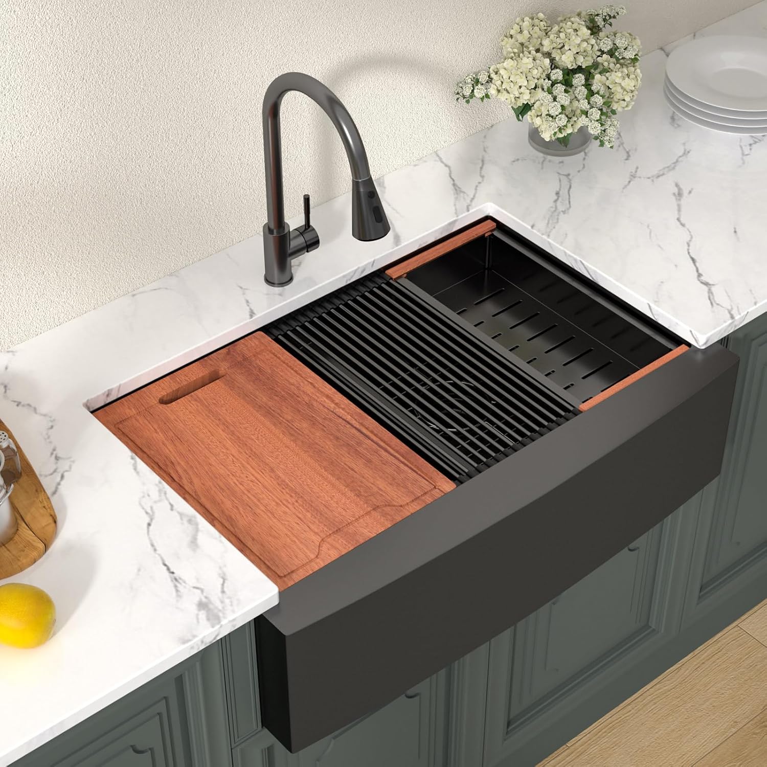 Lordear Matte Black Double Bowl Farmhouse Kitchen Sink 33 Inch Apront Front | 1