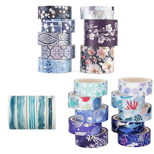 YUBX Elegance Blue Washi - Juego de 23 rollos de cinta adhesiva decorativa para manualidades, manualidades, diarios, planificadores, álbumes de