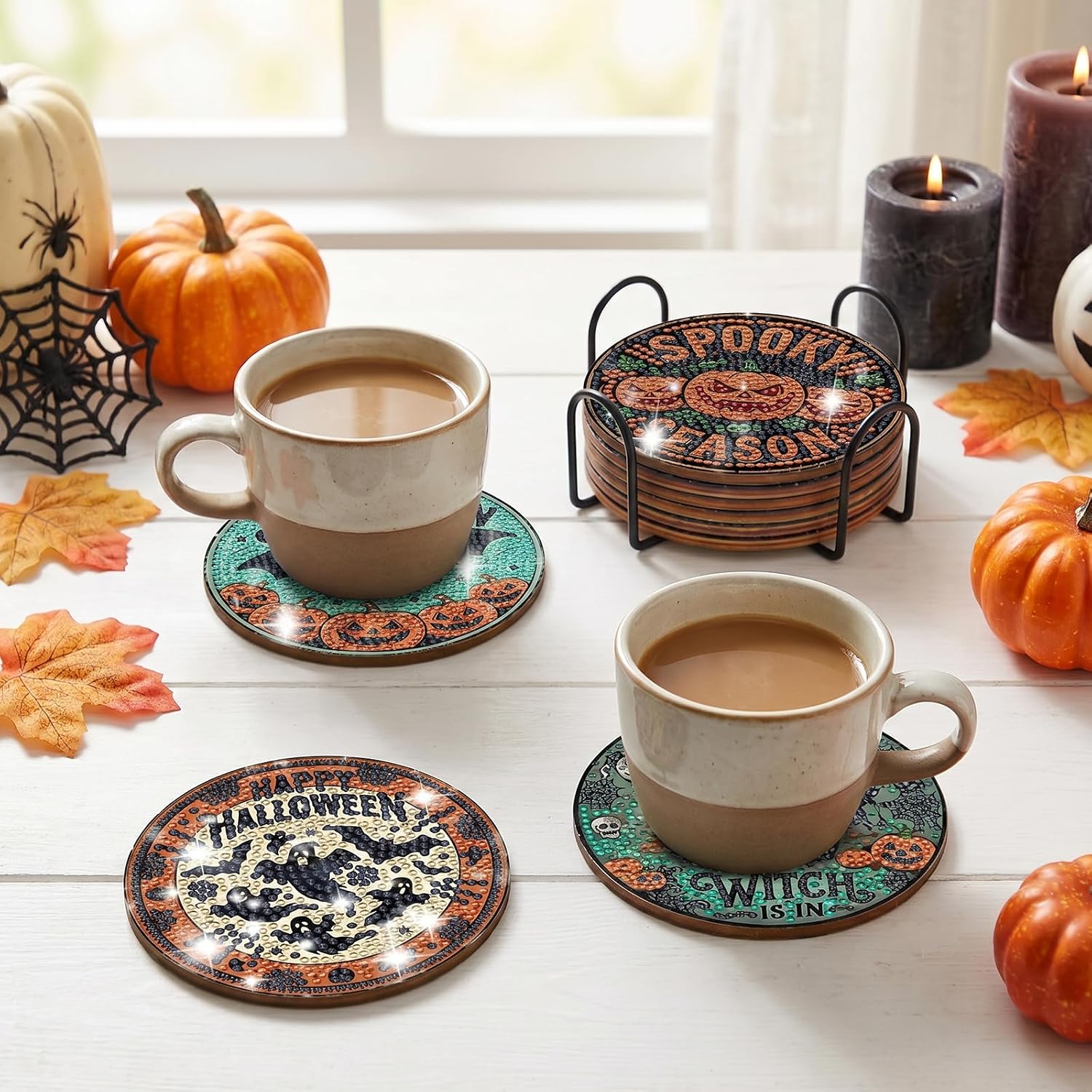 Sitsink Halloween Diamond Art Coasters - 8pcs DIY Diamond Gem Painting Round Coasters with Non-Slipping Cork Back, Gifts for Friends Family Halloween