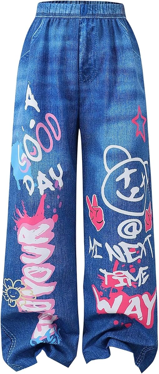 Girl's Y2K Graphic Track Pants Streetwear Denim Print Straight Leg Long Trousers