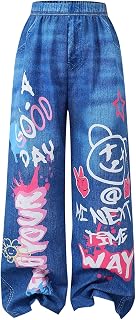 Girl's Y2K Graphic Track Pants Streetwear Denim Print Straight Leg Long Trousers