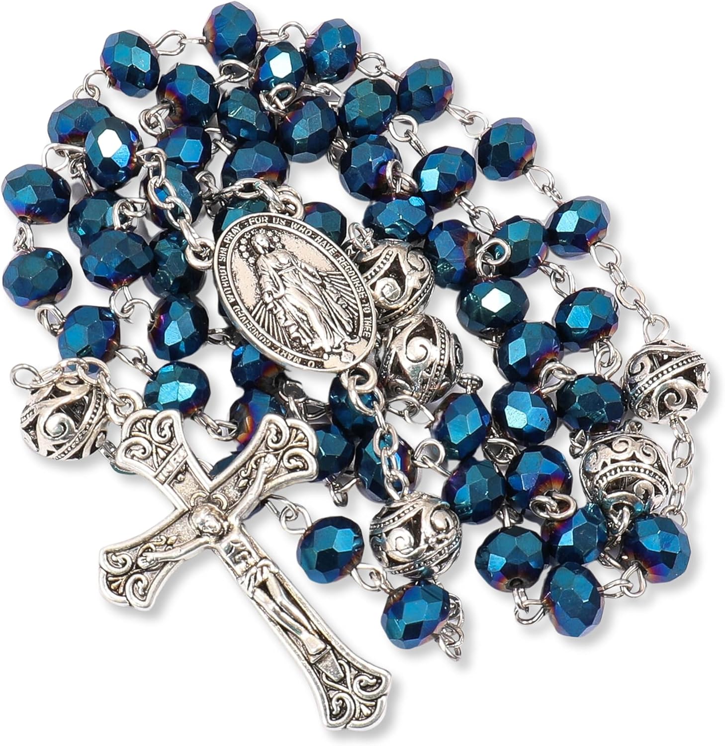 Nazareth Store 8mm Crystal & 10mm Alloy Mystery Prayer Beads Rosary Necklace Miraculous Medal and Catholic Cross - Image 2