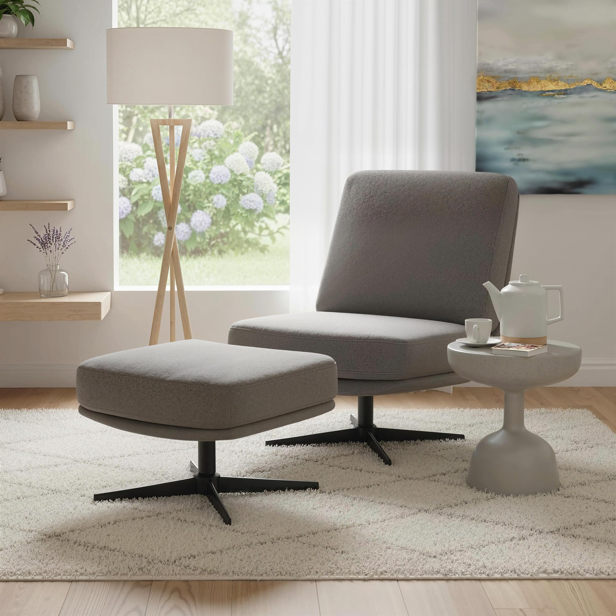 HOMCOM Sessel mit Hocker Drehbar Loungesessel mit Leinenoptik Dunkelgrau | Dicker Breiter Sitz, Moderner Relaxsessel, Schneidersitz Polstersessel, Für Wohnzimmer, Schlafzimmer