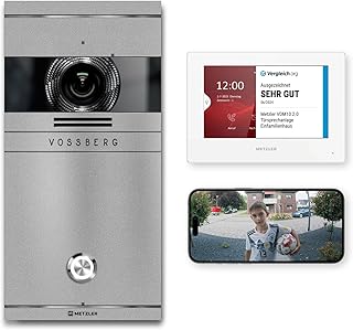 Metzler VDM10 2.0 Video Sprechanlage Komplett Set mit Laser Gravur Namensschild - Anschluss LAN/POE - Türsprechanlage mit HD-Kamera und Bildschirm für 1 Familienhaus, in Grau aus V2A Edelstahl