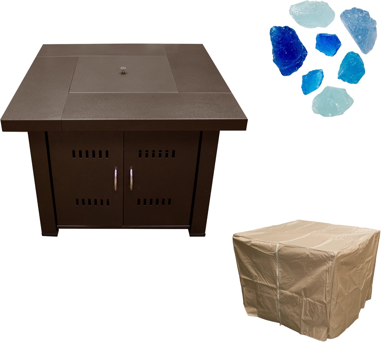 PrimeGlo GS-F-PC-AF Propane Fire Pit With Full Length Cover And Upgraded Bahama Colored Fire Glass, 42000 BTU, Square, Bromze