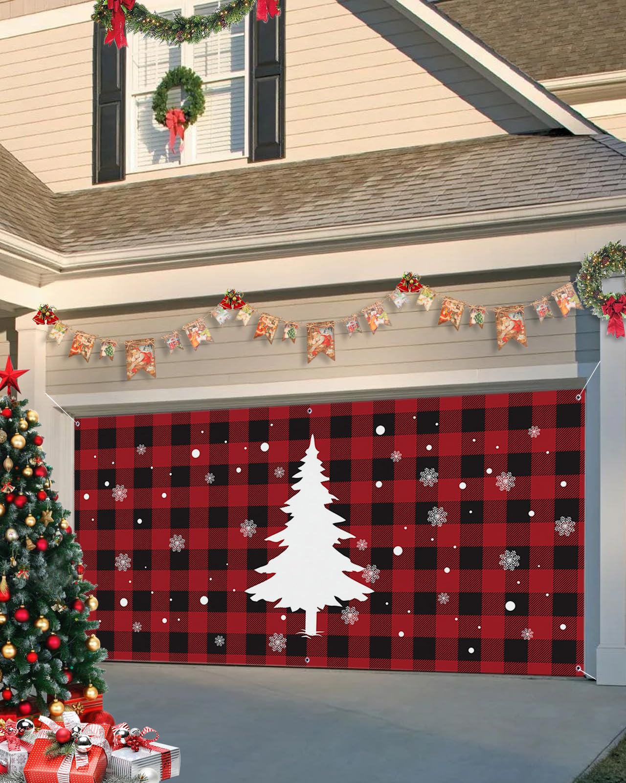Christmas Garage Door Banner Cover 7 x 8 ft, Merry Tree Red Buffalo Check Decorations, Holiday Backdrop Decor for Winter New Year Xmas Party