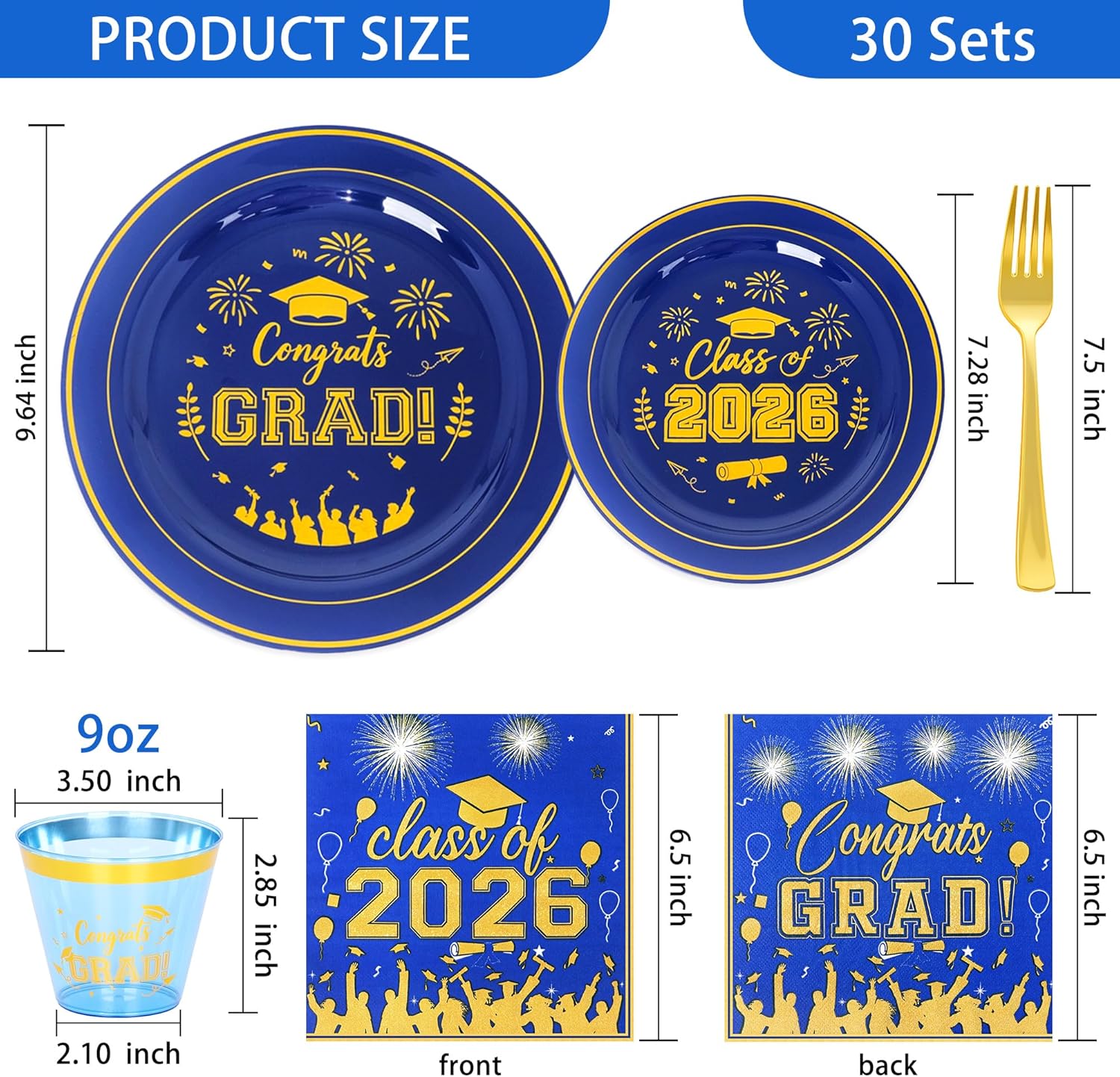 150 Pcs 2026 Graduation Plastic Plates with Disposable Silverware Serves 30 Guests, Blue Gold Graduation Disposable Plates Including 30 Dinner&Dessert Plates, Cups, Napkins, Gold Forks for Party