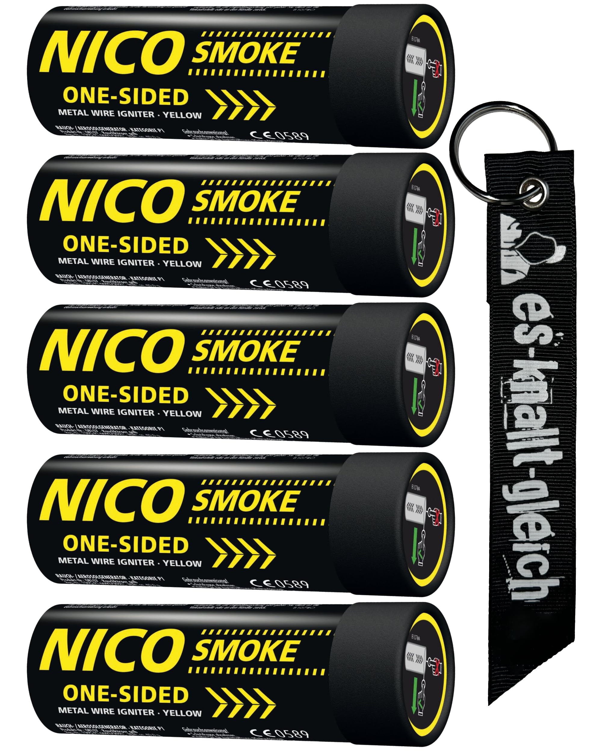 Rauchkörper Smoke Grenades 80 Sekunden im 5er Pack in Rot Blau Gelb Grün Orange Lila Grau Weiß von NICO Europe mit Anhänger (Gelb)