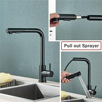 Black Pull Out Kitchen Sink Faucet Flexible 2 Modes Stream & Sprayer Nozzle Faucets Stainless Steel Hot Cold Wate Mixer Tap DeckBlack