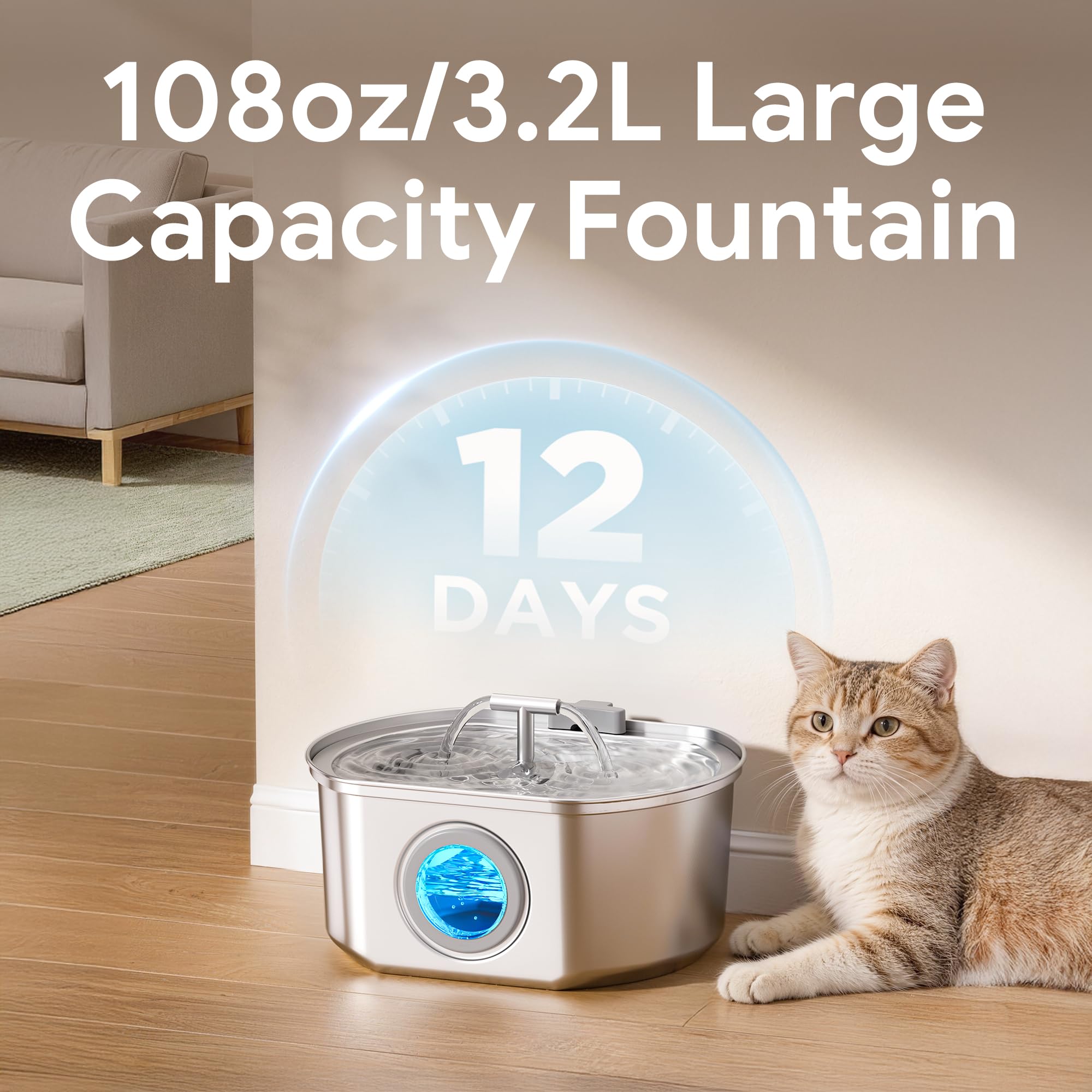 Cat Water Fountain Stainless Steel - Pet Drinking Fountain for Cats Indoor - 3.2L/108oz Automatic Water Dispenser with Watering Level Window (1 Filter) - image 2