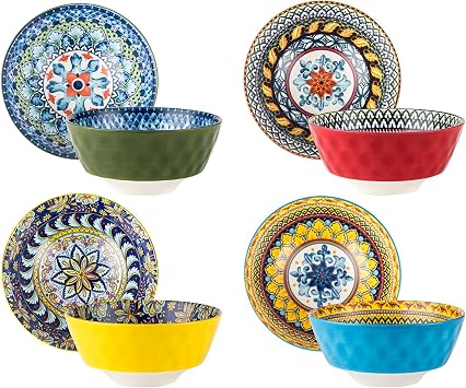 Ceramic Soup, Cereal Bowls Set of 4-25 Oz Colorful Serving Bowls for Kitchen - Porcelain Bowls for Cereal, Pasta, Salad, Dishwasher & Microwave Safe - Bohemian Style