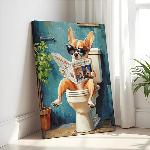 Chihuahua on Toilet Wall Art Print Canvas Wrapped, Dog Bathroom Humor Decor Post