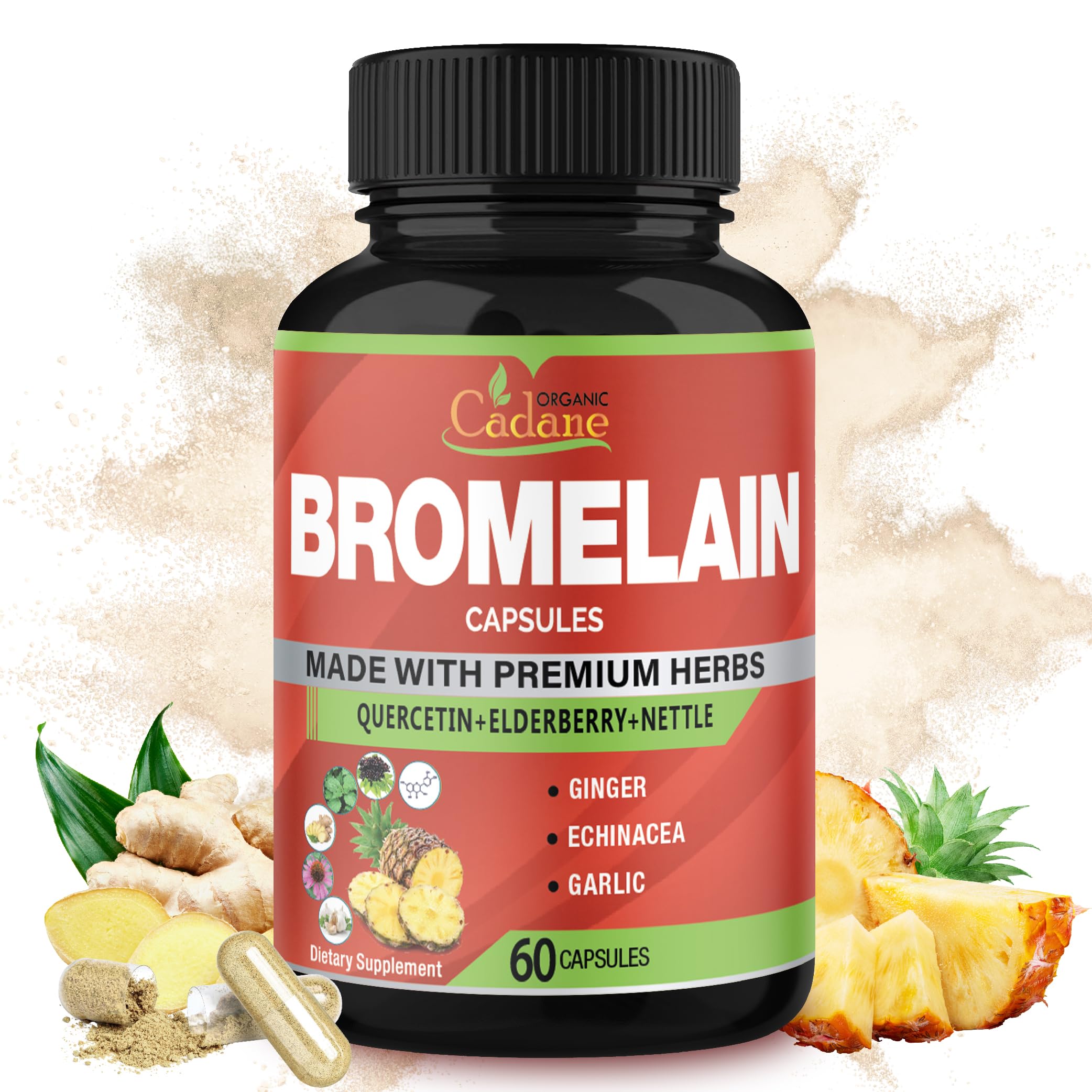 Organic Cadane Bromelain Extract Capsules with Quercetin, Elderberry, Ginger, Echinacea, Garlic, Black Pepper - 60 Capsules