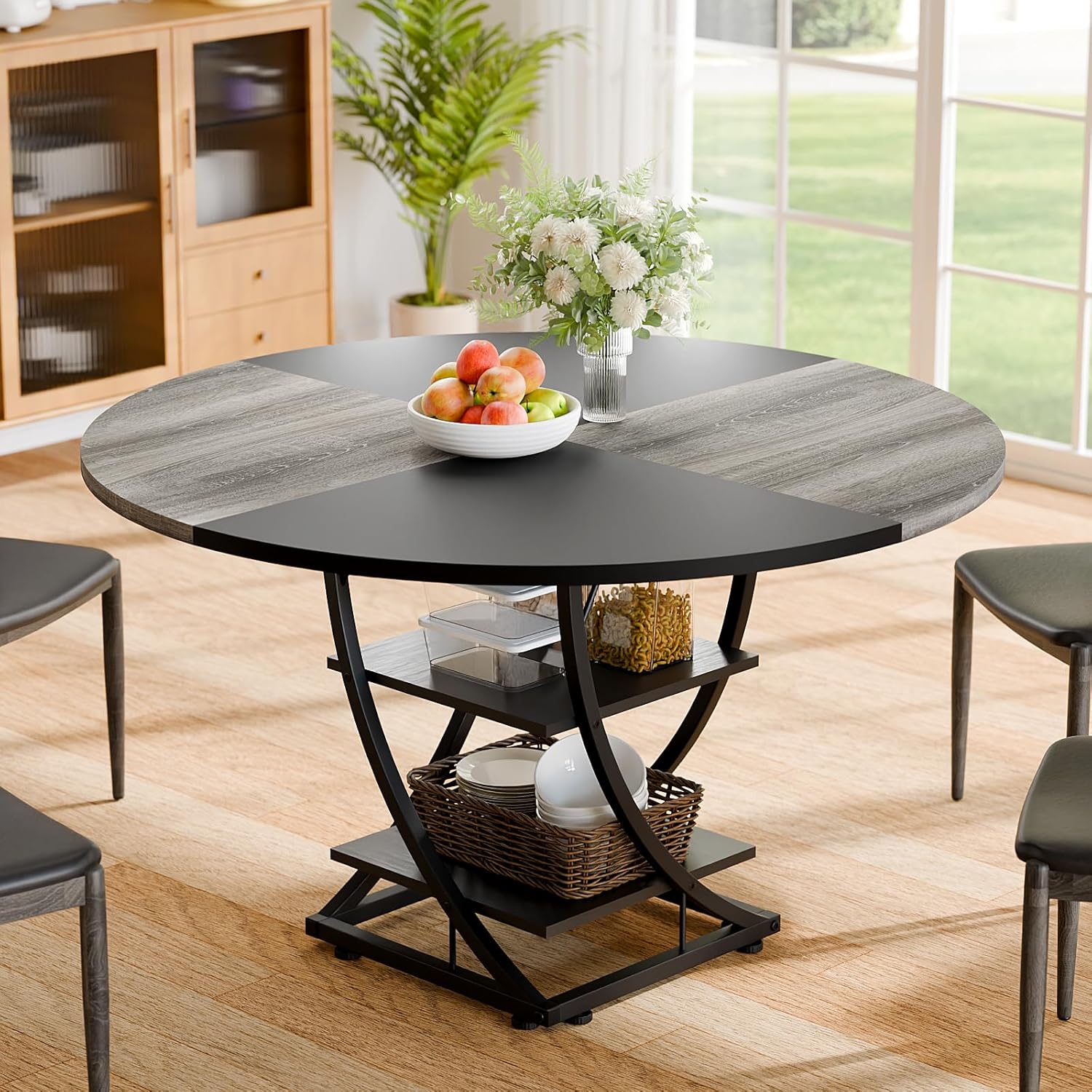 Round Dining Table for 4-6, 47 inch Circle Kitchen Table with 2-Layer Storage Shelf, Modern Wood Dinner Table with Heavy Duty Pedestal for Dining Room, Farmhouse, Living Room, Kitchen, Black & Grey
