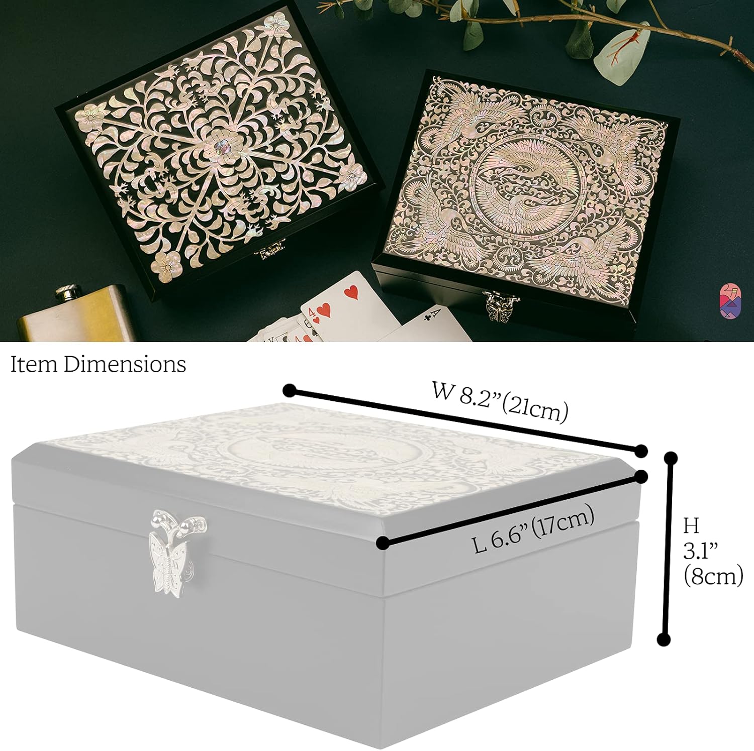 February Mountain Korean Mother of Pearl Crane Jewelry Box – Elegant Gift for Women & Men – Handmade Lacquer Keepsake Box with Mirror – Birthday, Anniversary, Christmas, Retirement Present