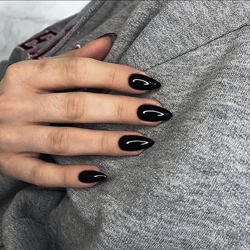 KXAMELIE - Uñas postizas a presión negras con forma de almendra, uñas acrílicas medianas a presión, uñas postizas para mujeres y niñas, uso diario