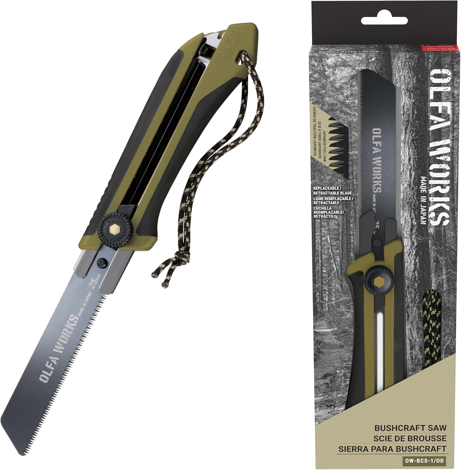 OLFA Works OW-BCS-1/OD Bushcraft Japanese Pull Saw, Serrated Replacable and Retractable Carbon Tool Steel Blade - Great for Trimming Branches, Woodwork and other Bushcraft or Outdoor Activities - Rachet-Lock Wheel, Replacement Blade: OW-BSB-1 (Olive)
