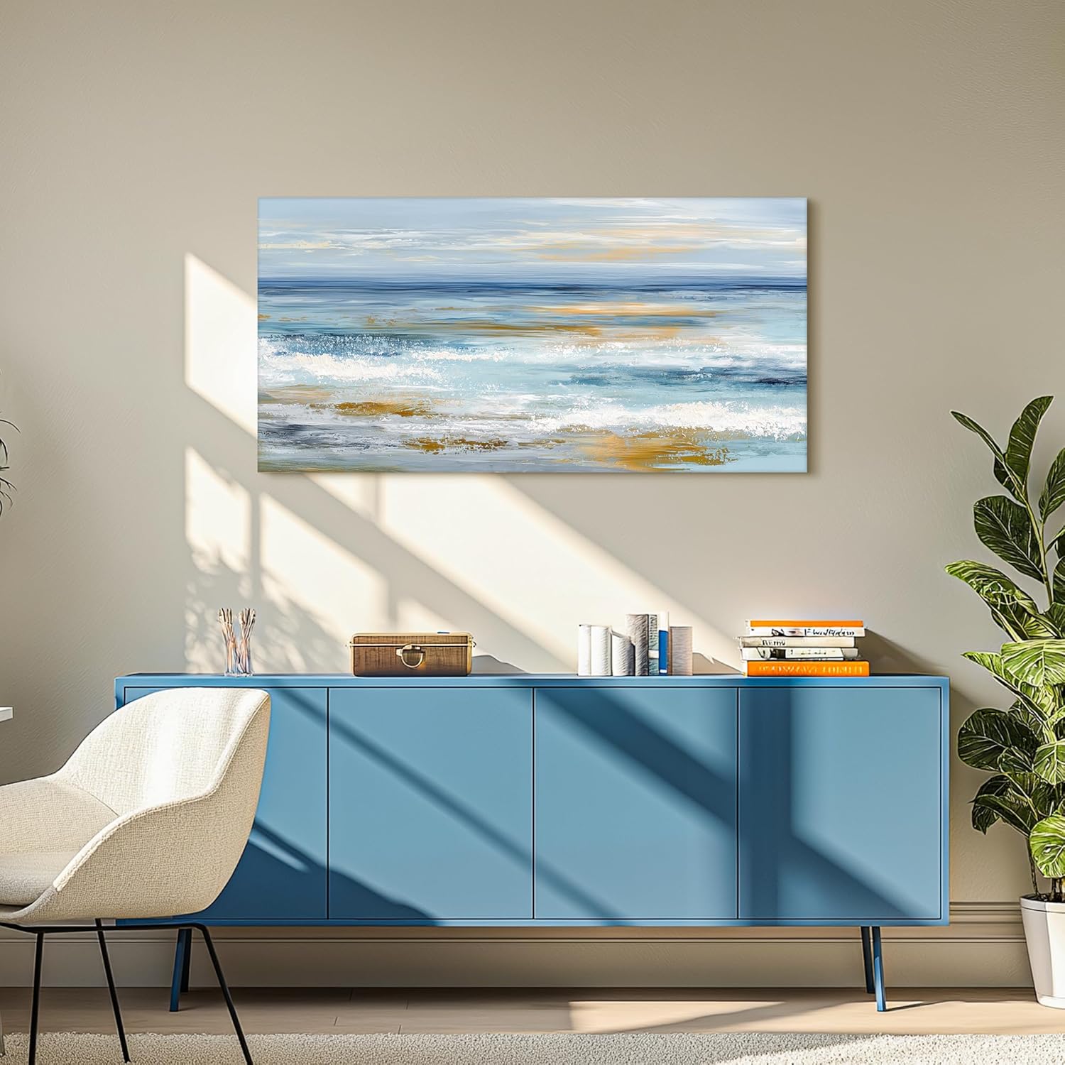 SLYCAY Large Abstract Coastal Canvas Wall Art, Gold Beach Sand Blue White Ocean Waves Modern Aesthetic Decor Minimalist Seascape Paintings Prints Hallway Bedroom Office Wall Decor 20"X40"