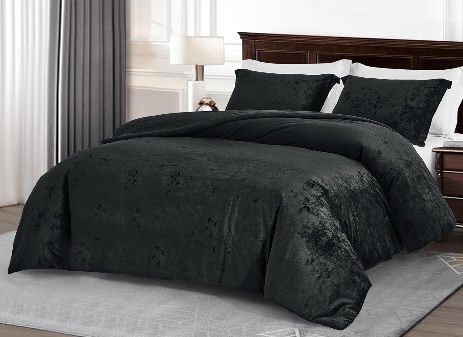 Chezmoi Collection Lux 3-Piece Black Velvet Comforter Set Queen Size, All Season Lush Plush Velvet Bedding Set with Soft Washed Microfiber Reverse - Image 2