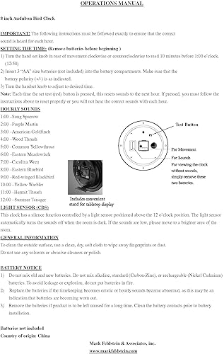 Miniatura 9 de Mark Feldstein, Audubon - Reloj de pájaro cantante, 8 pulgadas, color verde