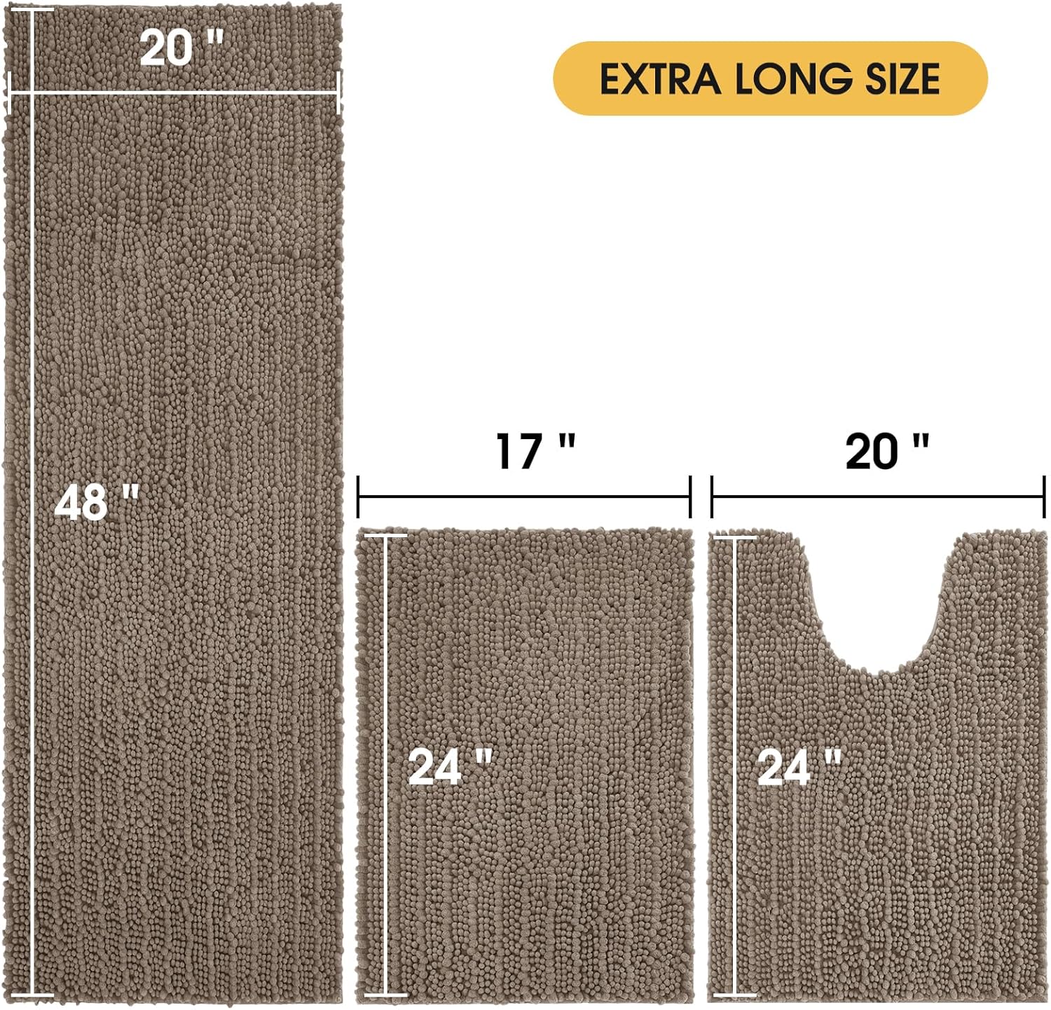ACCUMTEK Upgrade Extra Large Dark Beige Bathroom Rug Set 3 Pieces Gray Ultra Soft, Thick Absorbent Bath Mats, Non Slip Chenille Toilet Mat Bathroom, Bedroom, Kitchen, Taupe - Image 2
