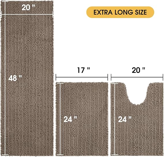 ACCUMTEK Upgrade Extra Large Dark Beige Bathroom Rug Set 3 Pieces Gray Ultra Soft, Thick Absorbent Bath Mats, Non Slip Chenille Toilet Mat Bathroom, Bedroom, Kitchen, Taupe