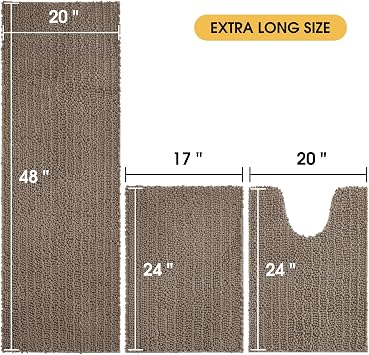 ACCUMTEK Upgrade Extra Large Dark Beige Bathroom Rug Set 3 Pieces Gray Ultra Soft, Thick Absorbent Bath Mats, Non Slip Chenille Toilet Mat Bathroom, Bedroom, Kitchen, Taupe