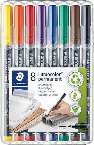 STAEDTLER Lumocolor - Bolígrafo universal, fino, punta de fieltro, marcador permanente, caja de 8 bolígrafos de colores surtidos, 0.024in 318 WP8,