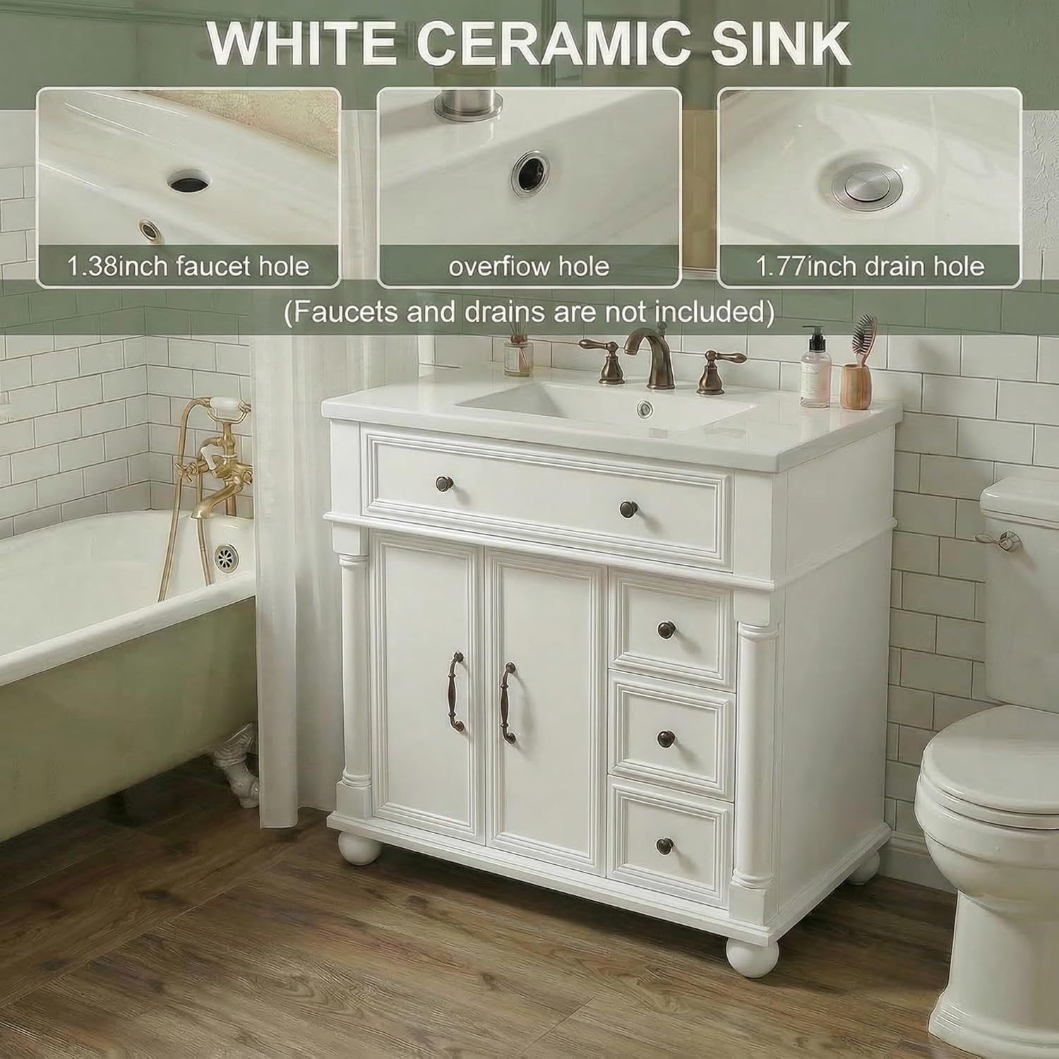 36" Modern Bathroom Vanity with Sink, Farmhouse Bathroom Vanity with Integrated Ceramic Basin & Solid Wood Frame, Freestanding Paint Single Sink Cabinet with 3 Drawers & Metal Handle (White)