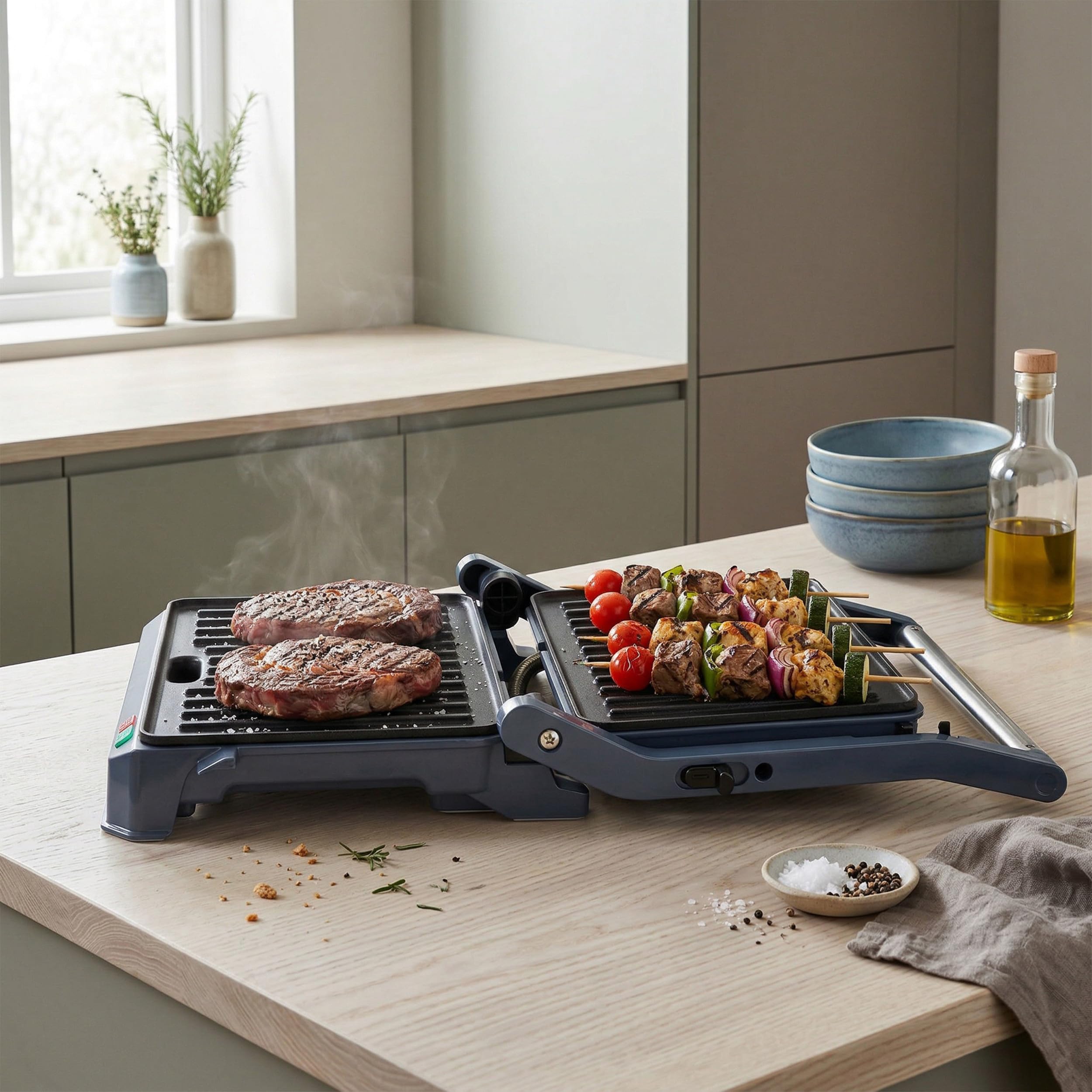 Progress Mellow 180° Health Grill - Piastre di cottura antiaderenti, facile da pulire, vassoio raccogli-gocce integrato, spie luminose di accensione/pronto all’uso, 23 x 14.5 cm, 850 W