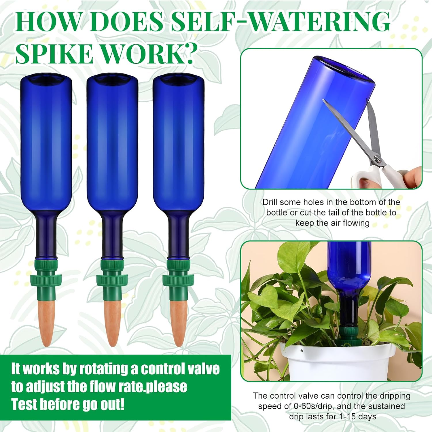Condition photo showing As Is for silifine 8 set plant watering devices include self watering spikes and 26 oz plastic bottles plant waterer devices with adjustable control valve switch indoor outdoor (blue) blue 8