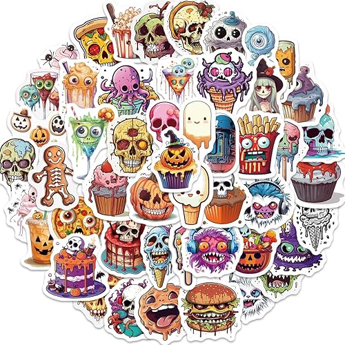 Miniatura 2 de Paquete de 50 calcomanías de comida de Halloween, calcomanías de calavera de calabaza para adolescentes, niños y adultos, impermeables, regalos