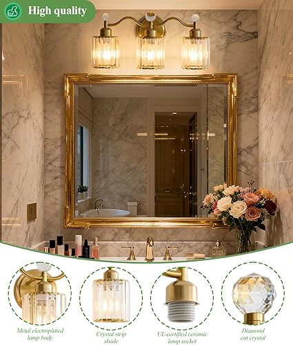 Miniatura 4 de Lámpara de tocador de baño de 3 luces, luces de tocador de cristal dorado para baño, lámpara de baño con pantalla de cristal transparente, moderna