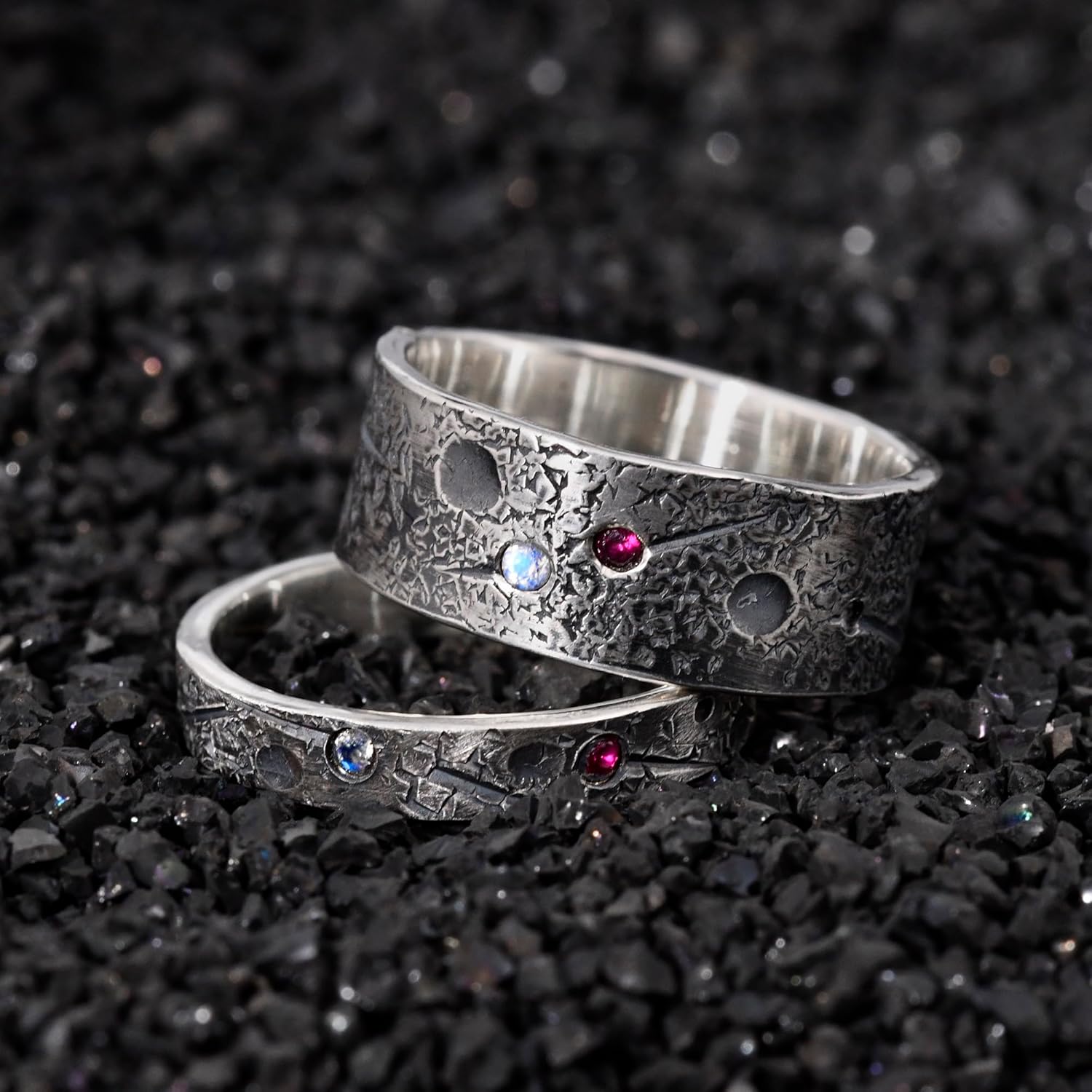 Personalized Birthstone Celestial Couple Ring Set/Viking Wedding/Rustic Engagement Ring/Family Birthstone Ring/Friendship ring