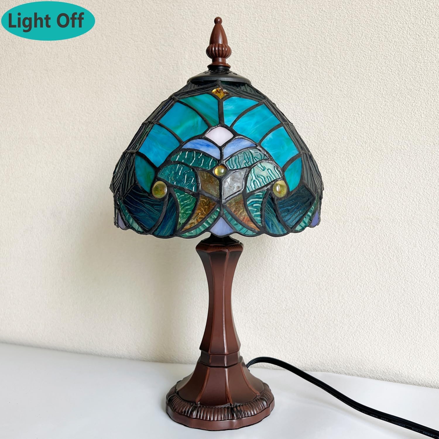 Tiffany Table Lamp Sea Green Stained Glass Accent Table Light Antique Style Desk Lamp Vintage Bedside Lamp for Living Room Bedroom