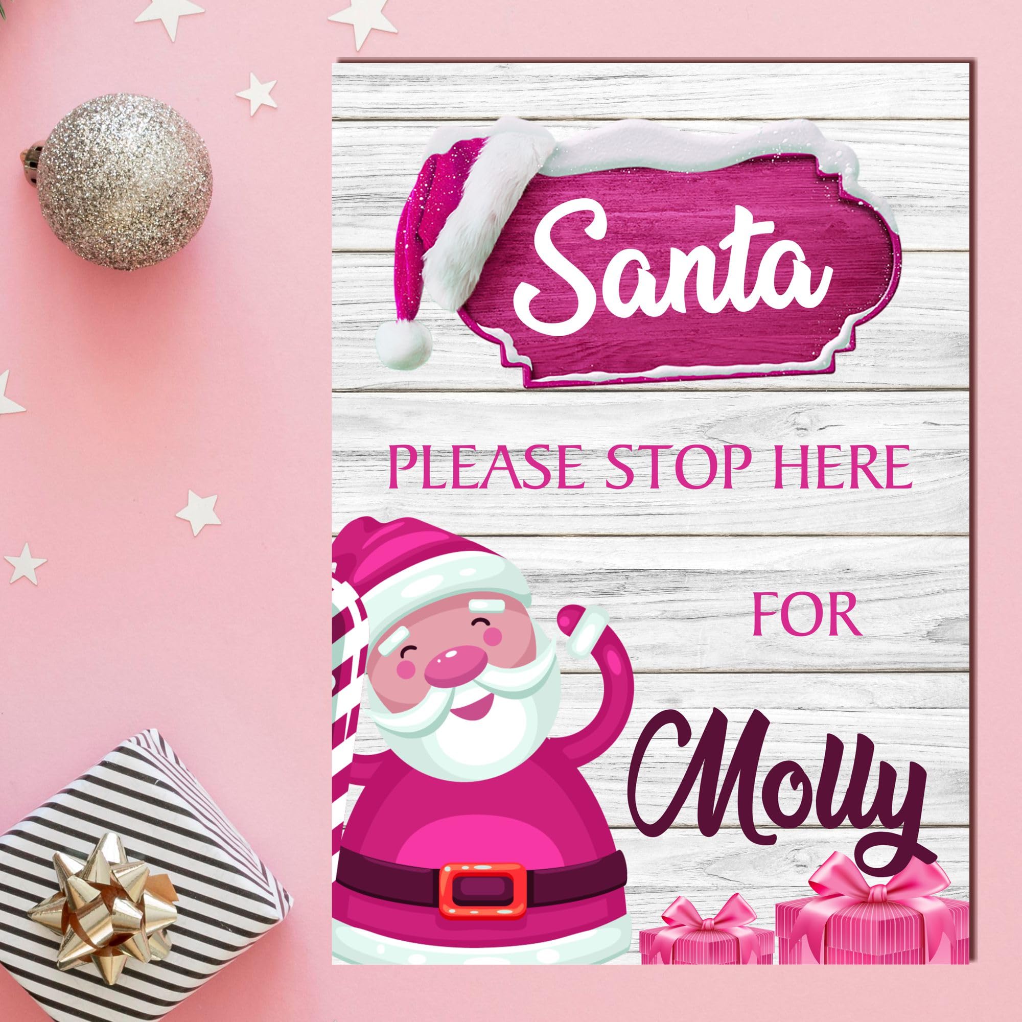 Personalised 'Santa Please Stop Here' Plaque Sign - Rustic Christmas Wall Art for Kids' Rooms - Customisable Xmas Gift Decoration (A5 MDF Wood: Indoor Use Only, Pink Santa Design)