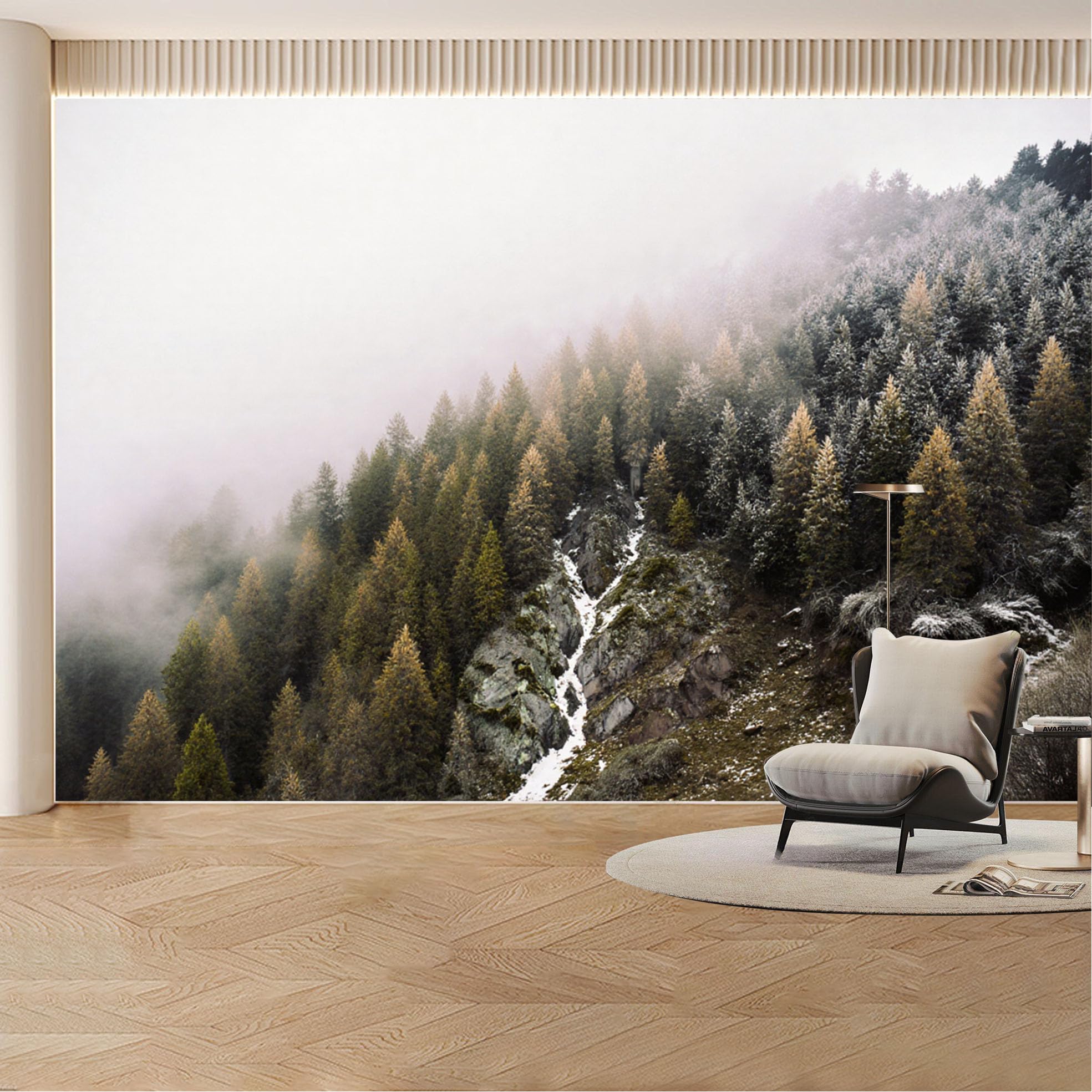 Custom Wall Mural Wallpaper Snowy Mountain Pine Forest Landscape Nature 3D Effect Wall Decor Misty Minimalist Removable SelfAdhesive Large Photo for Living Room， Bedroom， Office