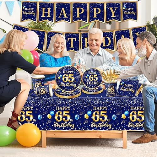 Miniatura 45 de Decoración de cumpleaños número 50 para hombre, juego de vajilla de cumpleaños azul marino y dorado (reserva para 20), incluye platos de feliz