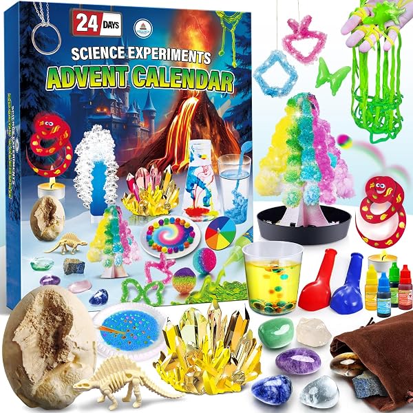 UNGLINGA Experimente & Edelstein & Ausgrabungsset Adventskalender 2025 für Kinder Junge Mädchen mit 24 Experimentierkasten - Kristalle Chemie Physik Weihnachtskalender STEM Spielzeug Geschenke - 1
