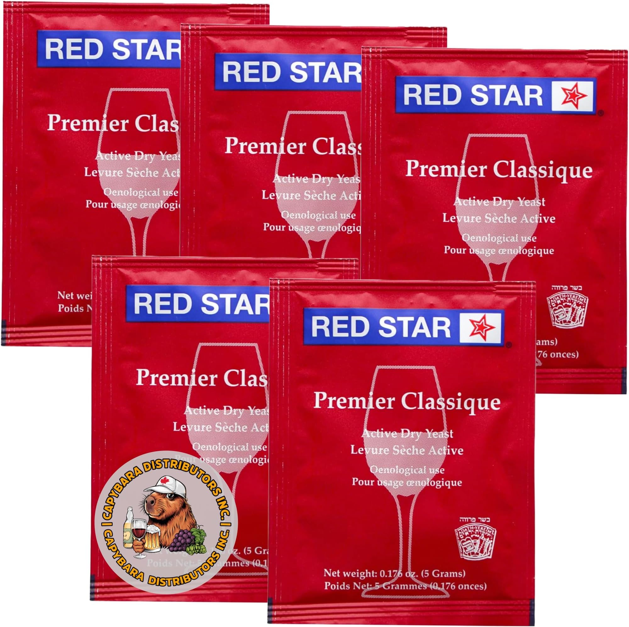 Red Star Premier Classique Wine Yeast (5 Pack) - Great for Making Wine Cider Mead Kombucha at Home - 5 g Sachets - Saccharomyces cerevisiae - Sold by CAPYBARA Distributors Inc.