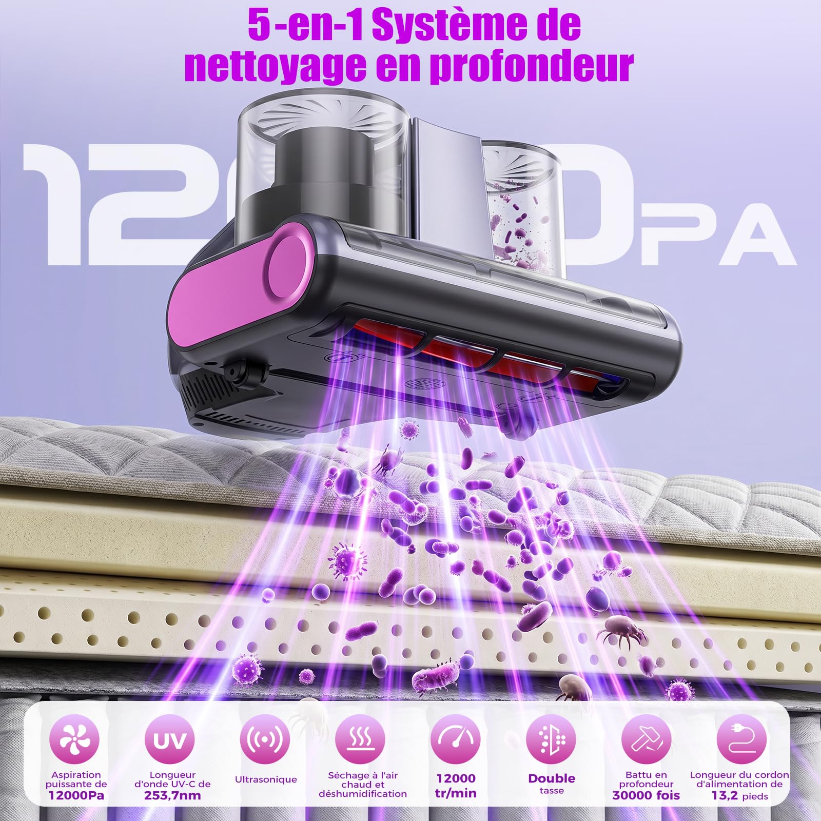 Aspirateur Acarien pour Matelas avec Lumière UV-C, Aspirateur Anti Acariens Forte Aspiration, Filtre HEPA, Air Chaud, Ultrasonique, Aspirateur Matelas Elimine 99,9% des Allergènes