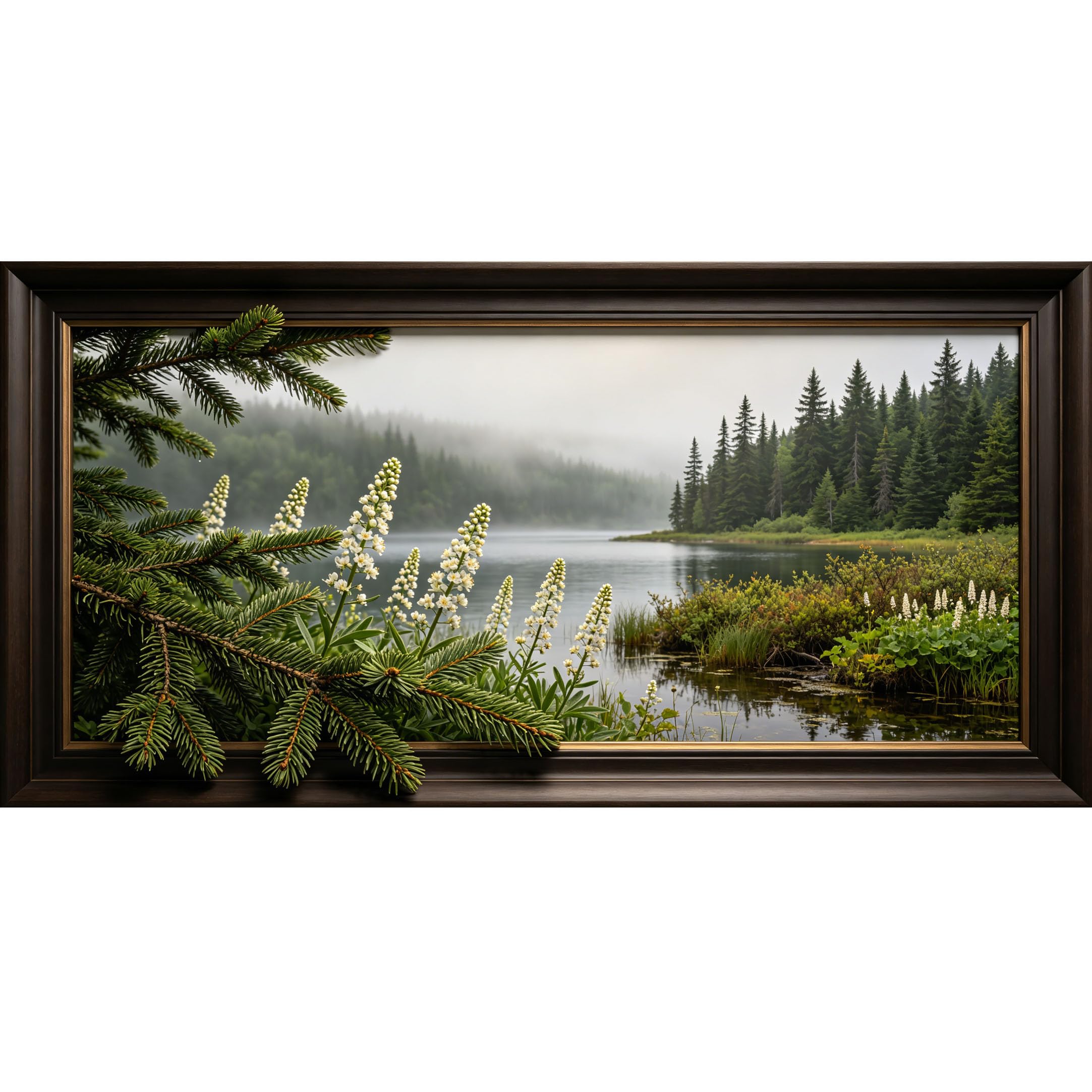 Agglomerix 3D Framed Wall Art Misty Lake Pine Forest Botanical White Flowers Mountain Landscape Large Size SelfAdhesive Removable Wall Decor Prints Artwork for Living Room Bedroom Office