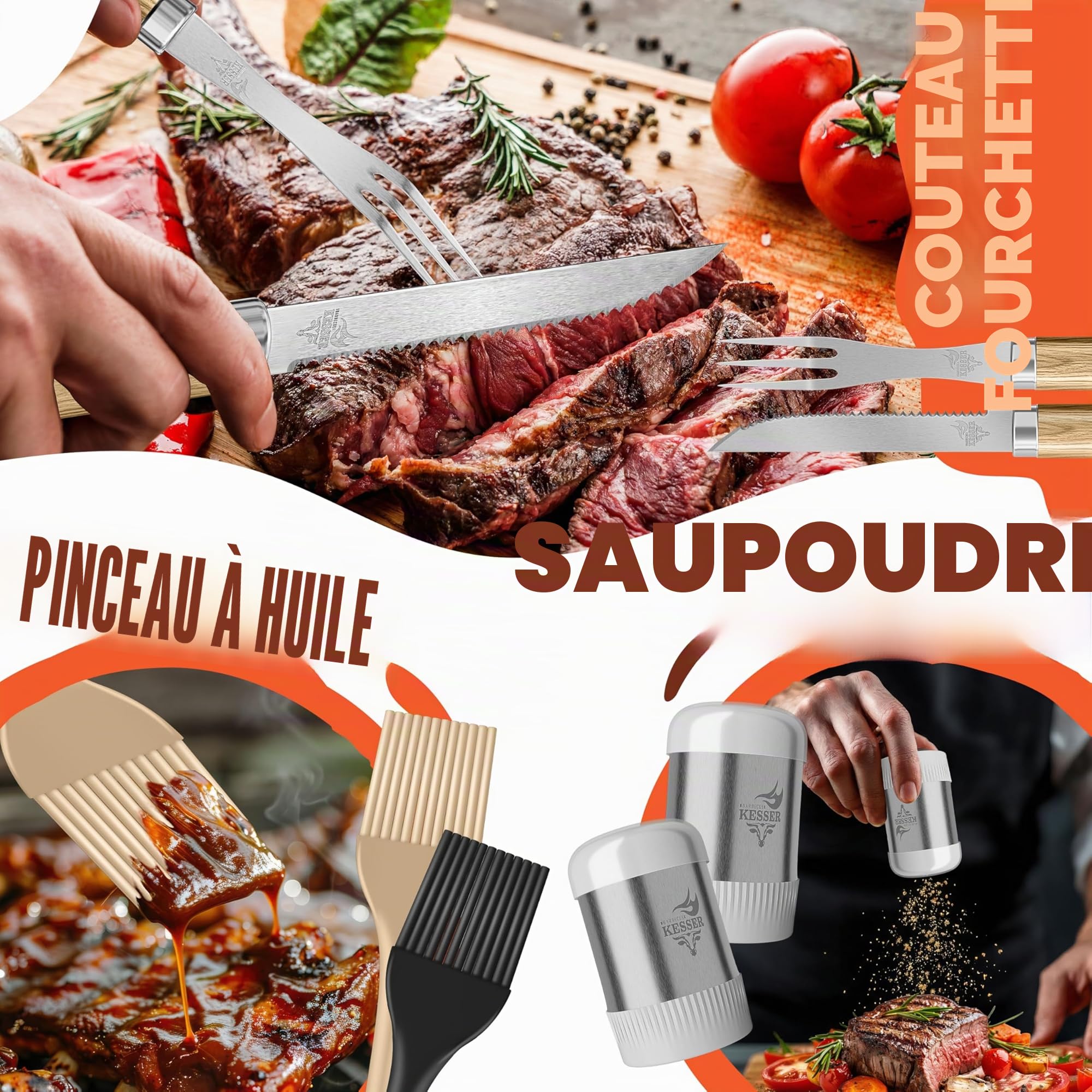 KESSER Lot de 37 ustensiles de barbecue en acier inoxydable avec pince, spatule, spatule 4 en 1, fourchette à barbecue, brochettes de barbecue, thermomètre, tire-bouchon, tapis de barbecue et sac