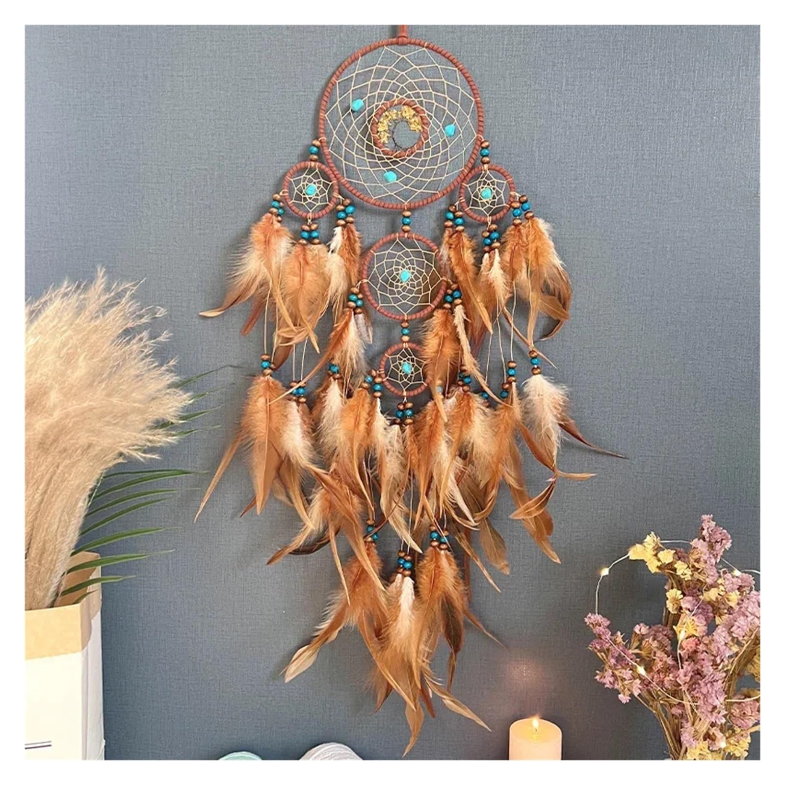Dream Catcher Dream catchers Retro 5 Ring Catchers Home Decoration Natural Dreamcatcher Wall Hanging(A02)