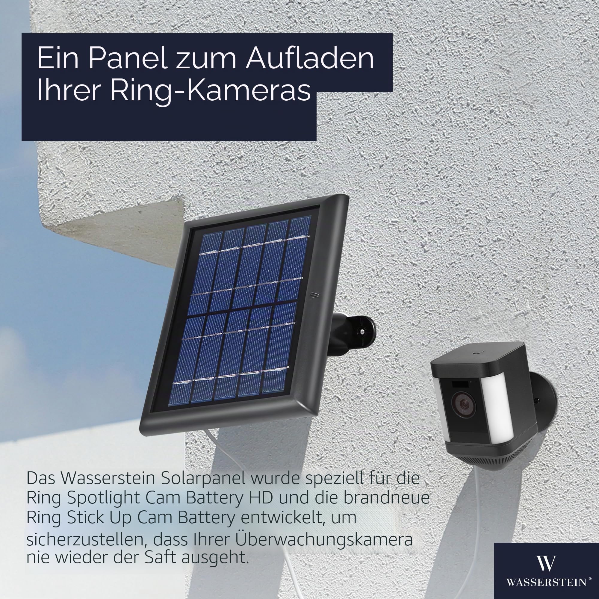 Wasserstein Solarpanel kompatibel mit Ring Spotlight Cam Plus/Pro/Battery und Ring Stick Up Cam Akku – inklusive Hohlstecker mit USB-C-Adapter – 2 W 5 V Aufladung (1 Stück, schwarz)