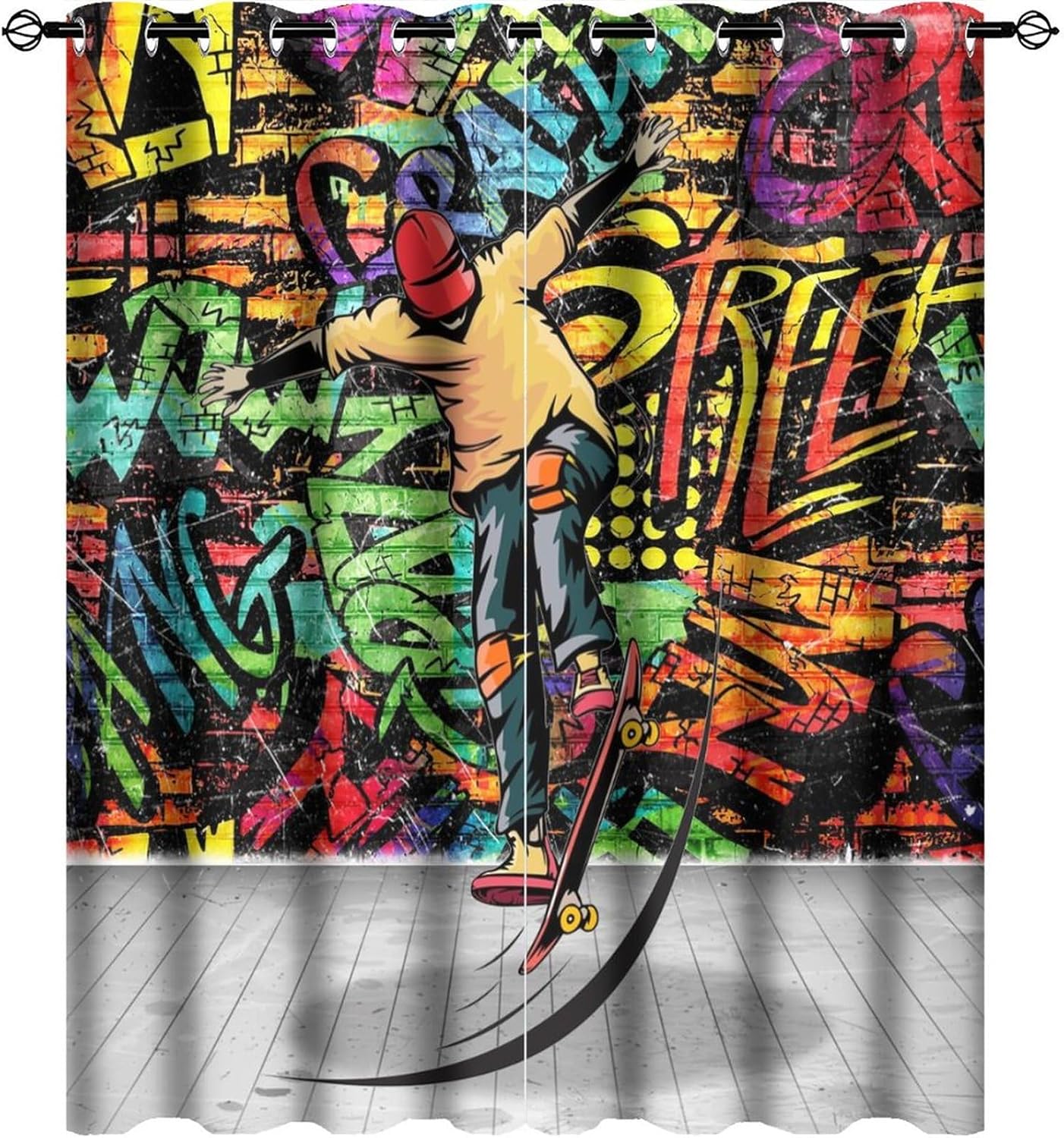 Watercolor Style Skateboards Blackout Curtain Rainbow Colorful Skateboard Sports Gaming Graffiti Grommet Window Reducing DrapesDrapes Decor for Bedroom Living Room Curtains 2 Panels 45"L x 21"W