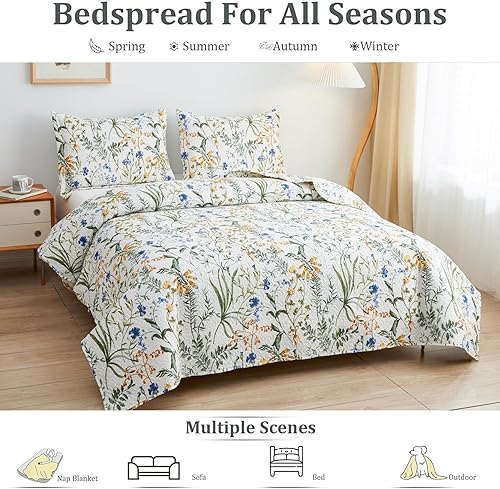 Miniatura 6 de Juego de edredones florales colchas ligeras de primavera-verano tamaño completoQueen 3 piezas rústicas campestres flores botánicas coberturas