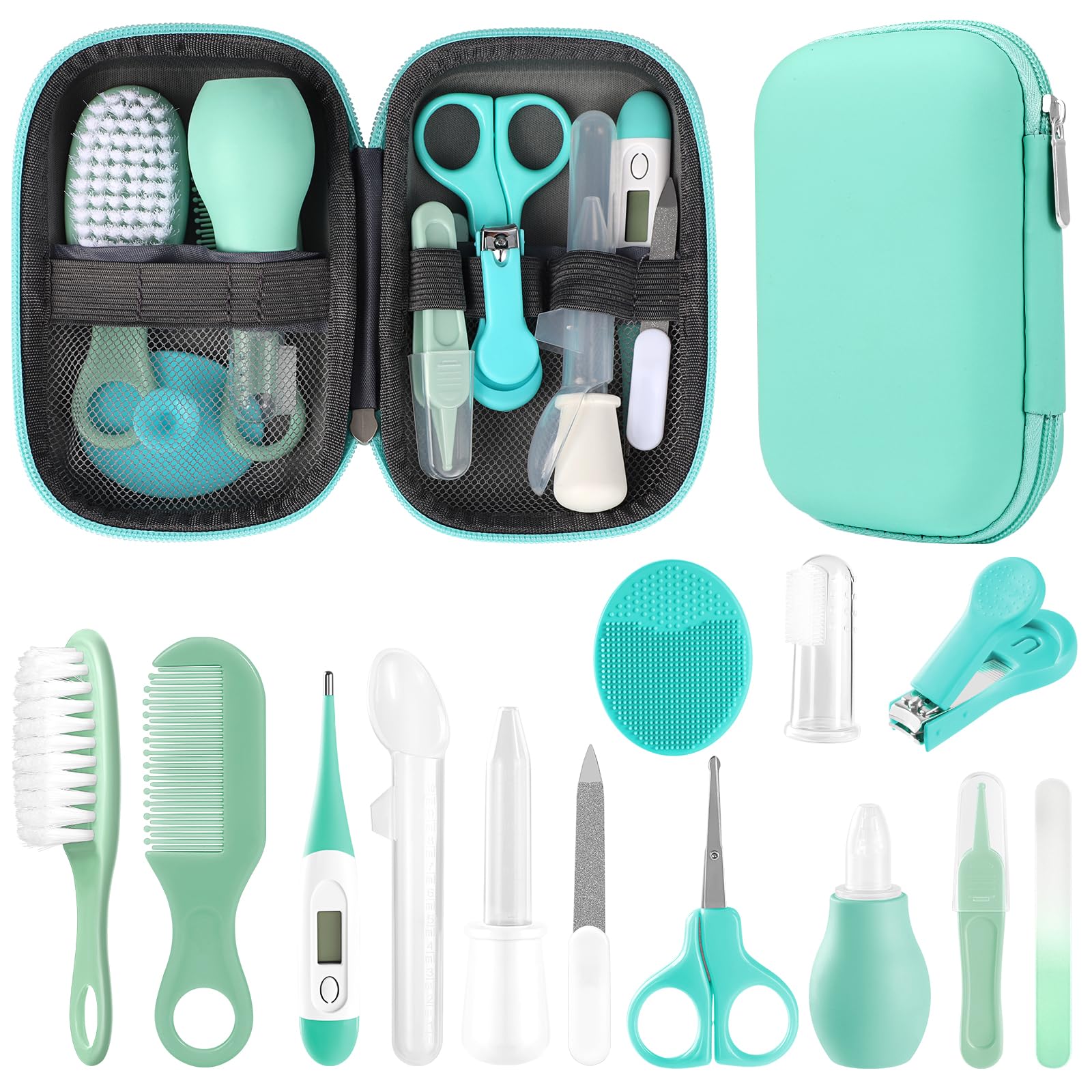 Kit de aseo para bebés, set de cuidado de seguridad para bebés con cepillo para el cabello, peine, cortaúñas, aspirador nasal, kit de artículos esenciales para bebés recién nacidos, niñas y niños, color verde
